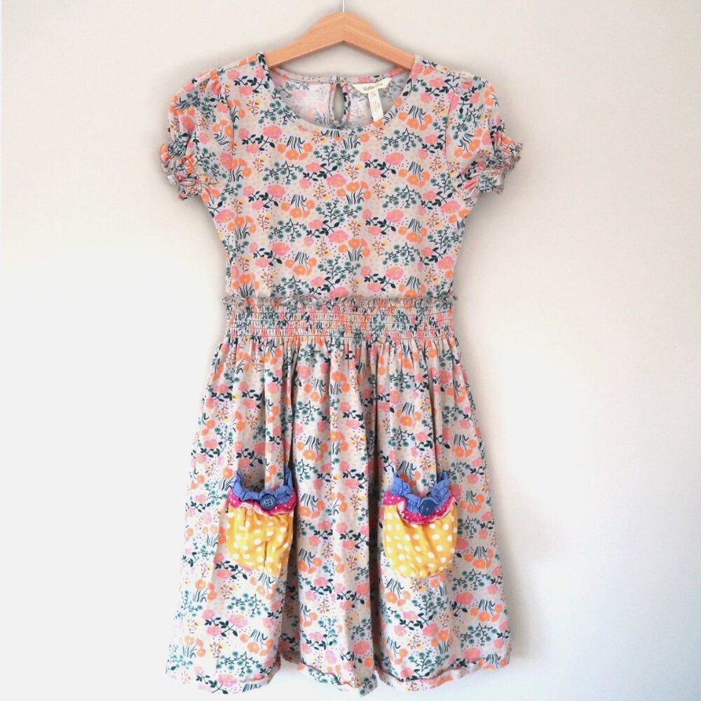 Matilda Jane Pink Floral Smocked Waist Dress with Yellow Polka Dot Pockets